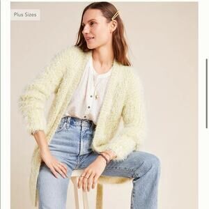 Anthropologie Yellow metallic, fuzzy, belted cardigan sweater small